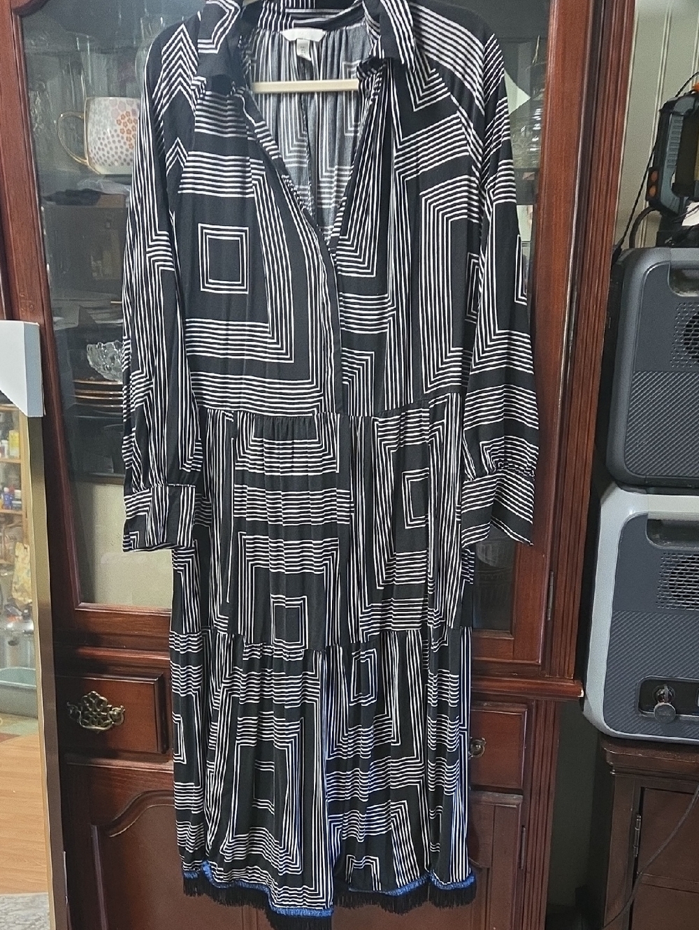 H&M Black and White Geometric Tiered Maxi Dress